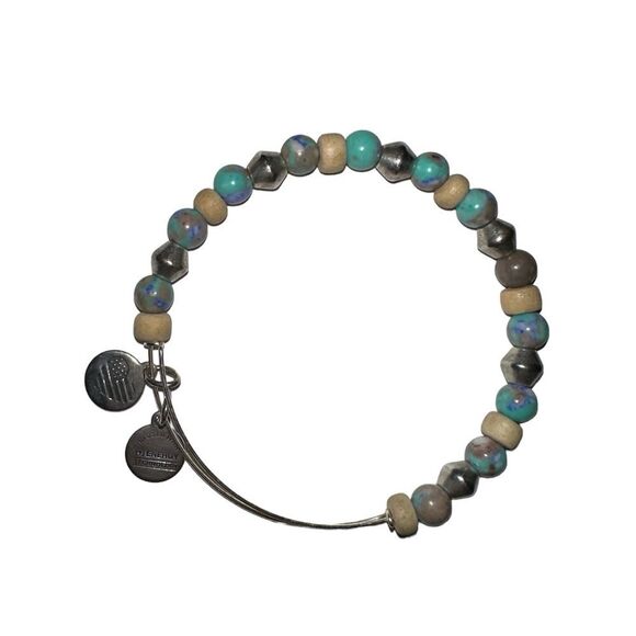 ALEX & ANI SILVER TONE BANGLE/BRACELET WITH TEAL BEADS - Picture 1 of 5